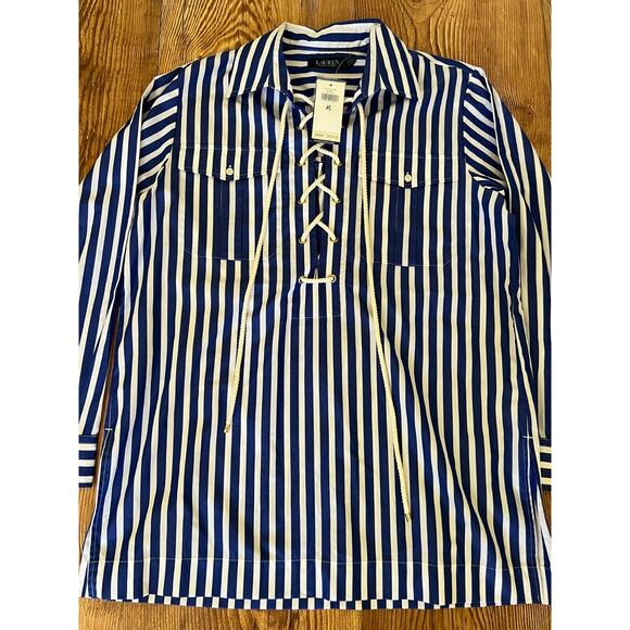 Lauren Ralph Lauren Women's Long Sleeve Blue White Stripe Shirt Size PL NWT - Picture 13 of 16